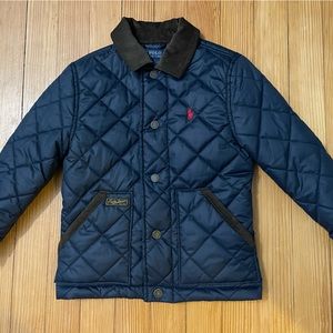 Boys Polo Ralph Lauren navy quilted jacket w/ brown corduroy color & trim detail